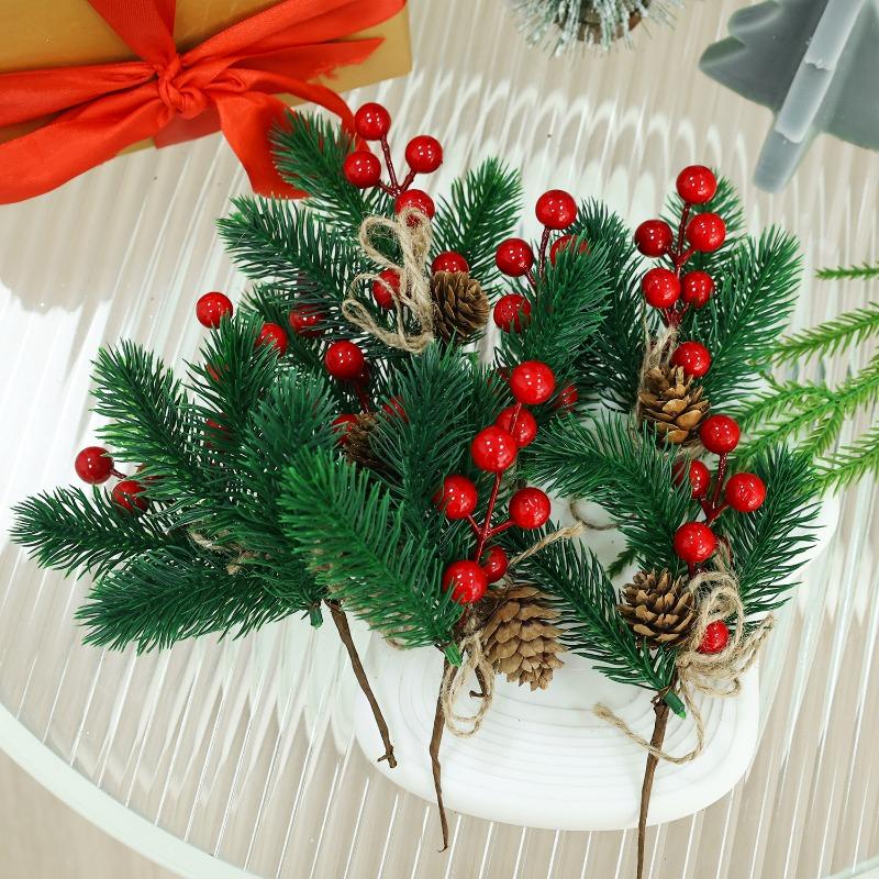 20/1Pcs Simulated Pine Needle Cuttings with Red Berries Red Berry Pine Cone Holly Branches Xmas Tree Ornament DIY Wreath Gift