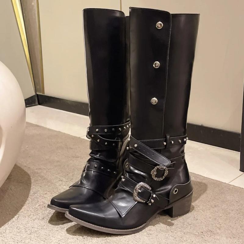 Fashion Women Boots High Quality Pointed Leather Boots Fashion Knee High Boot Metal Belt Buckle Motorcycle Boots for Women Botas