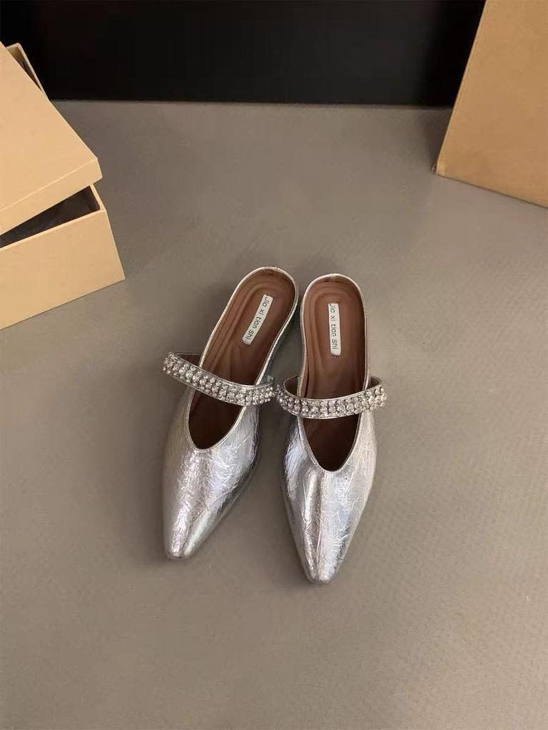 Spring 2025 European and American Square Toe Rhinestone Backless Sandals