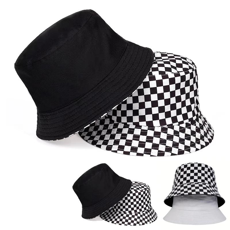 Yto Household Items Women's Black/White And Grid Two-Sided Wearable Fisherman Hat Outdoor Use Travel Hat Sunscreen Hats For For Men And Bucket Hat For Men And