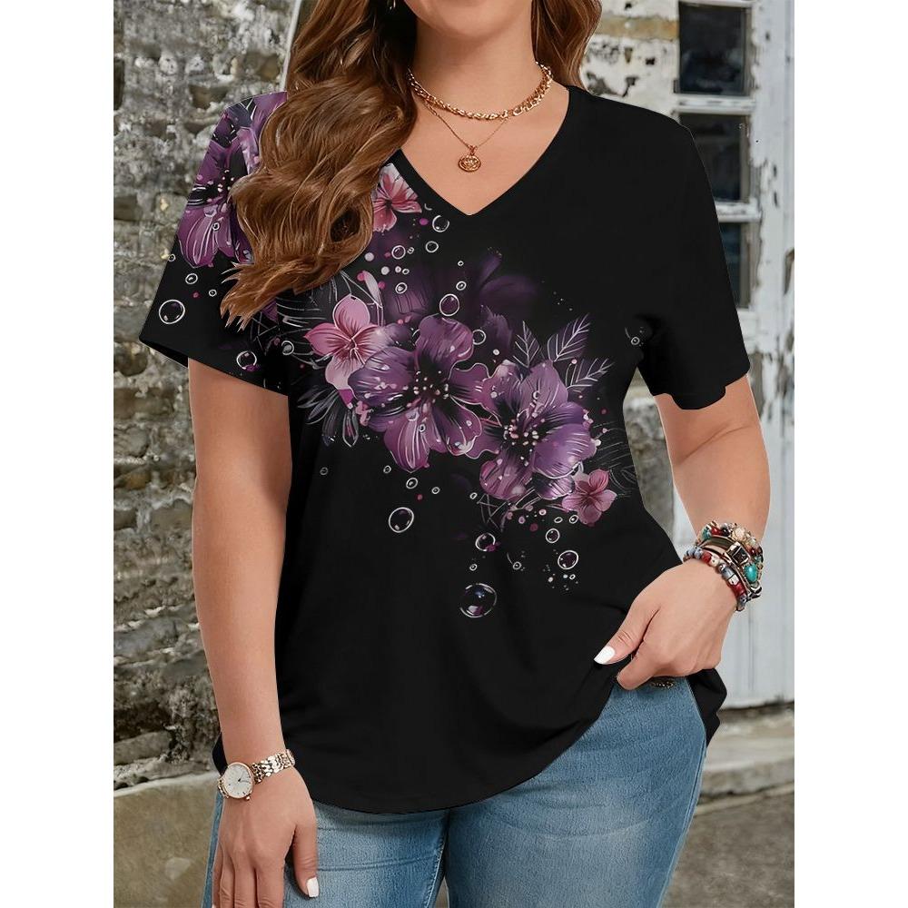 Summer Ethnic Style Floral 3D Print T-Shirts Women's V-Neck Short Sleeve T Shirt Y2k Harajuku Tees Casual Tops Female Clothing