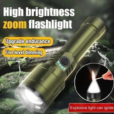 Wiederaufladbare Zoom-Taschenlampe mit Flammenzündung Weißer Laserkern 4-stufige Leistungsanzeige Fresnel-Linse für Outdoor-Camping