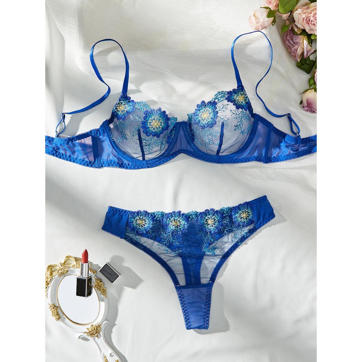 

Перспективная сетка цветная вышивка цветок стальное кольцо собирает три точки сексуальное нижнее белье костюм женщины XL синий