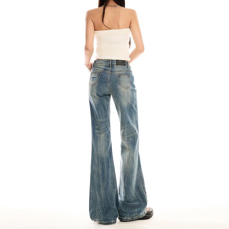 Washed textured Spice Girl retro stretch pants Washed retro long-legged slightly pulled pants slim-fitting jeans