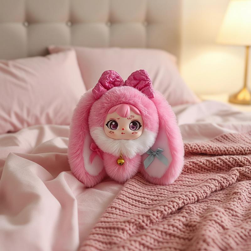 Soft Fluffy Long Eared Bunny Plush Toy Kawaii Face Bow Bell Perfect For Kids Gift Collection Desktop Decor