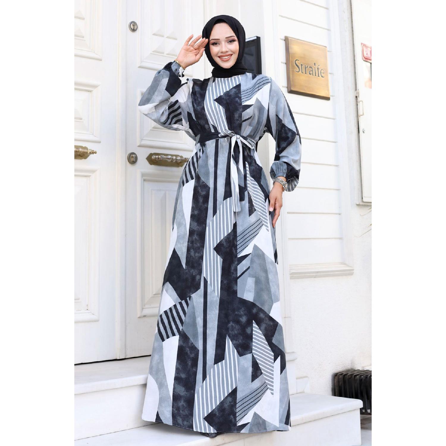 

Платье из вискозы с геометрическим узором и поясом Tsd240712 Серое 38 серый