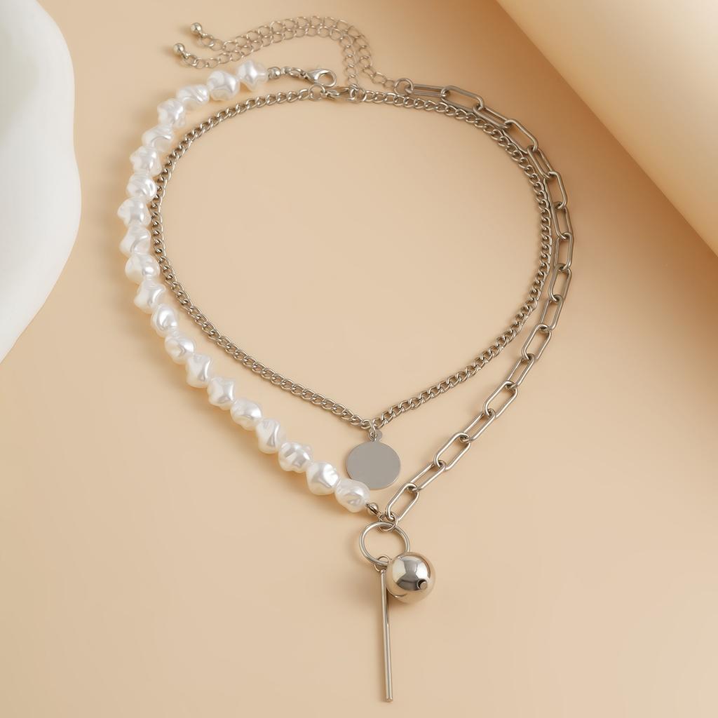Personalized Fashion Style Geometric Pendant Necklace, Special-shaped Imitation Pearl Irregular Multi-layer Stacking Necklace
