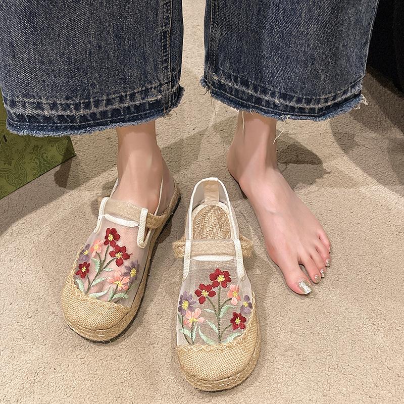 New Spring and Summer Cloth Shoes Bag Head Home Mesh Indoor and Outdoor Ethnic Style Flat Bottom Embroidered Flower Women's Cool Slippers