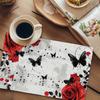 4pcs Elegant Red Rose & Black Butterfly Placemats On White Background - 12"x18" Polyester Woven Table Mats for Spring/Summer Dining, Wedding Banquets