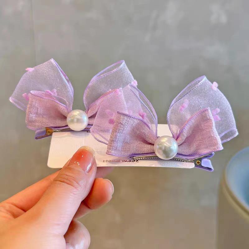 Korean Style Pearl Bow Mesh Hair Clips for Girls