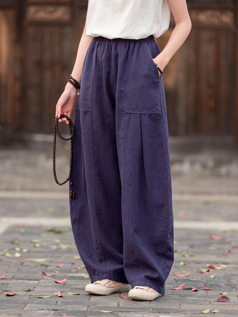 Women Vintage Bloomers Pants Solid Color Elastic Waist Pockets Trousers Spring Autumn Loose Women Cotton Pants