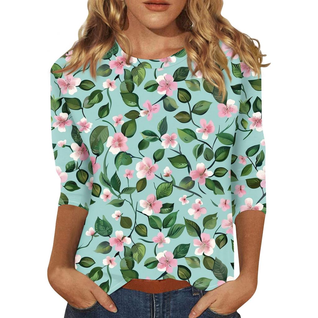 Women's Floral Print Round Neck Top With Three Quarter Sleeves T-Shirt Three Quarter Sleeves T-Shirt