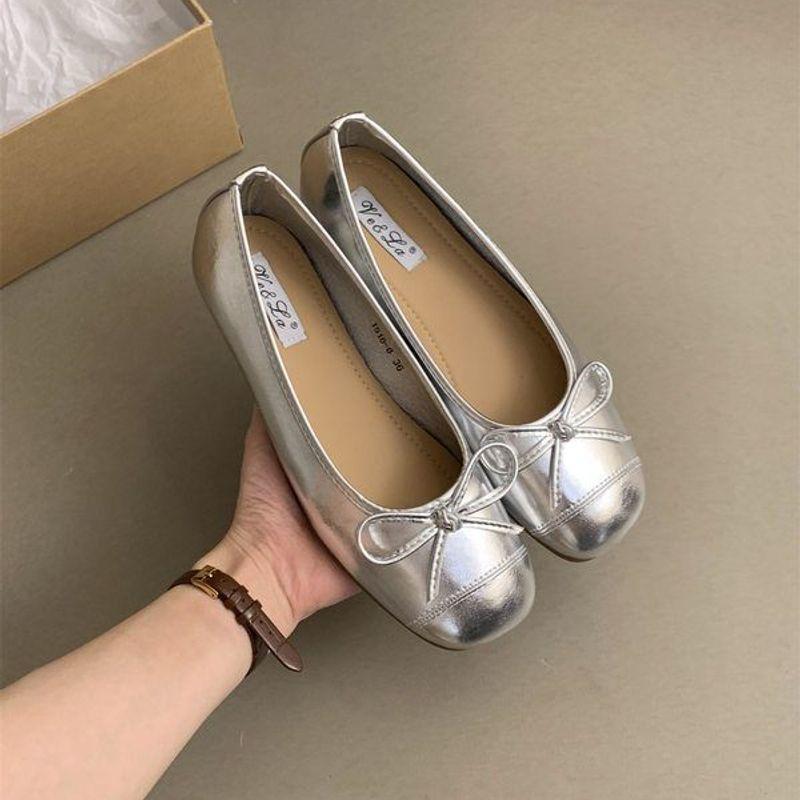 French retro soft-soled single shoes silver women's shoes autumn absolute child ladyshoes evening bow red flats