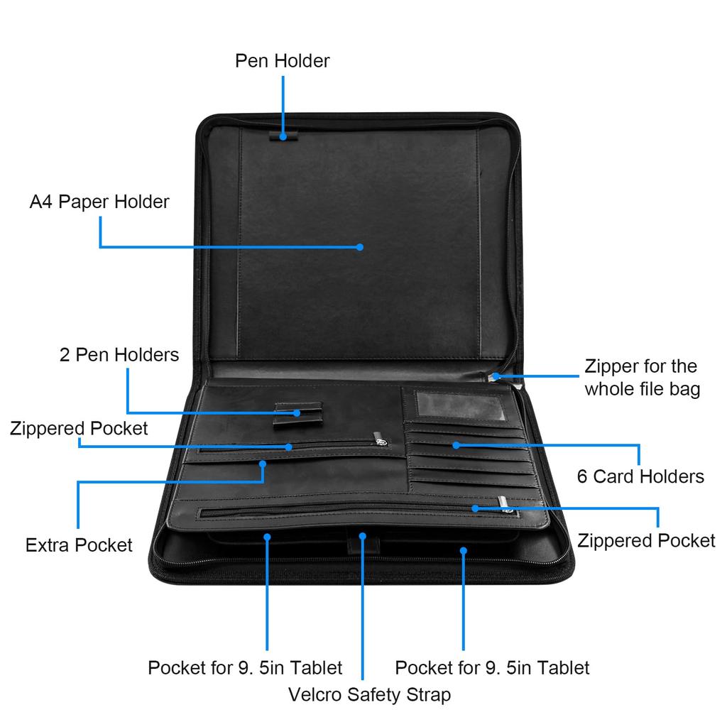 VANRA Portofoliu cu Fermoar Piele PU A4 Buzunar de Depozitare Afaceri Liant Organizator Card de Vizită Mânecă Tabletă cu Blocnotes pentru Ședință Birou