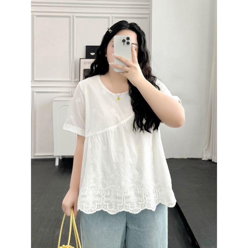 Plus Size Women Clothing [Elegant Artistic Shirt] Summer Retro Casual Jacquard Embroidered Hollow Round Neck Short Sleeve Shirts