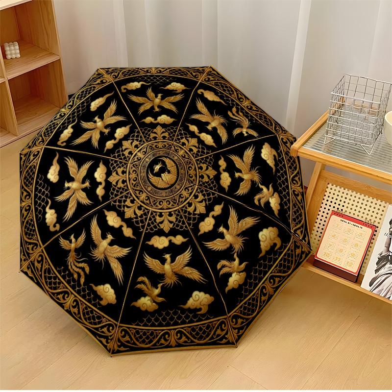 

Golden Phoenix Emblem Printed umbrella windproof folding umbrella portable sun and rain umbrella suitable for gifting