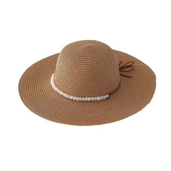 Beach Hat with Imitation Pearl Accents Full Face Sun Protection Flat Top Large Brim UV Blocking Summer Straw Hat