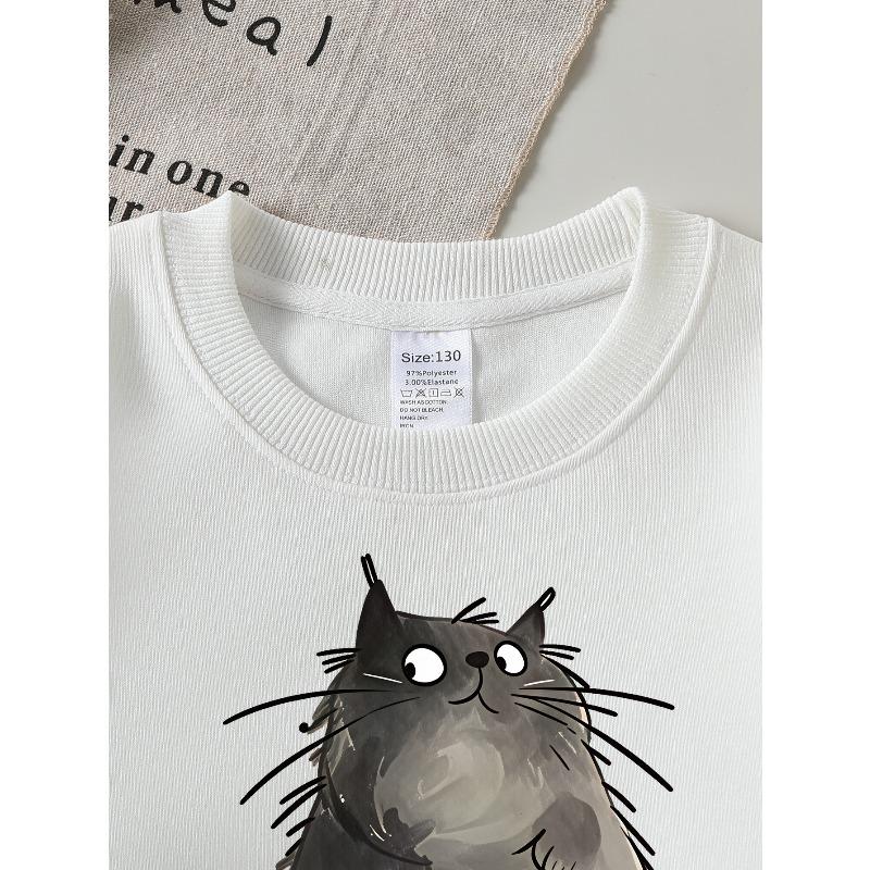 Girls' Long-sleeve Sweatshirt with Round Neck and Printed DesignCute Cat Print Suitable for Spring and Autumn, Fashionable and Casual