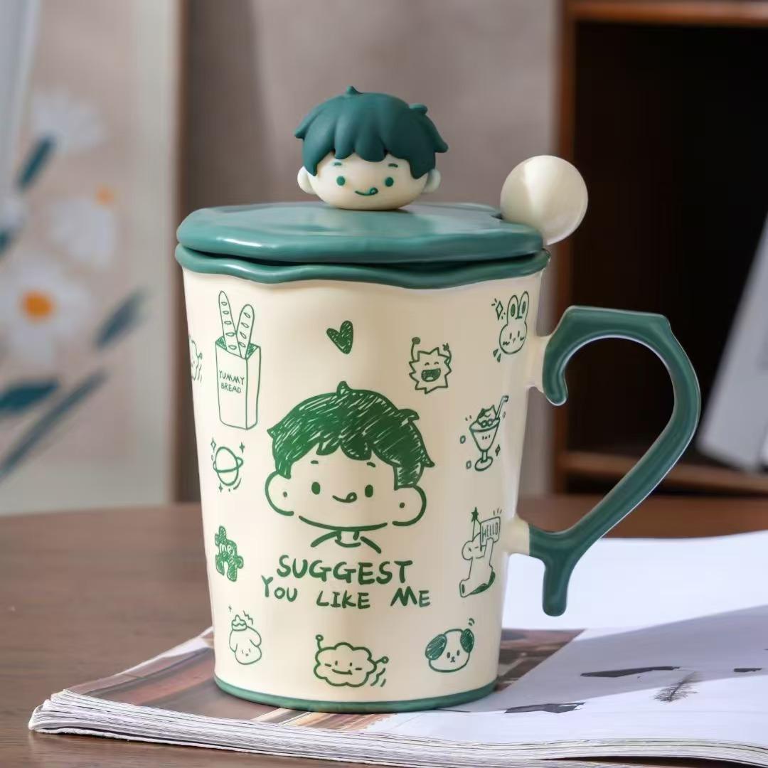 

Креативная Персонализированная Пара с Крышкой и Ложкой Керамическая Чашка Высокого Внешнего Вида Большая Вместимость Кружка для Маленького Подарка для Девочек Чашка для Воды для Домашнего Использования 400ML