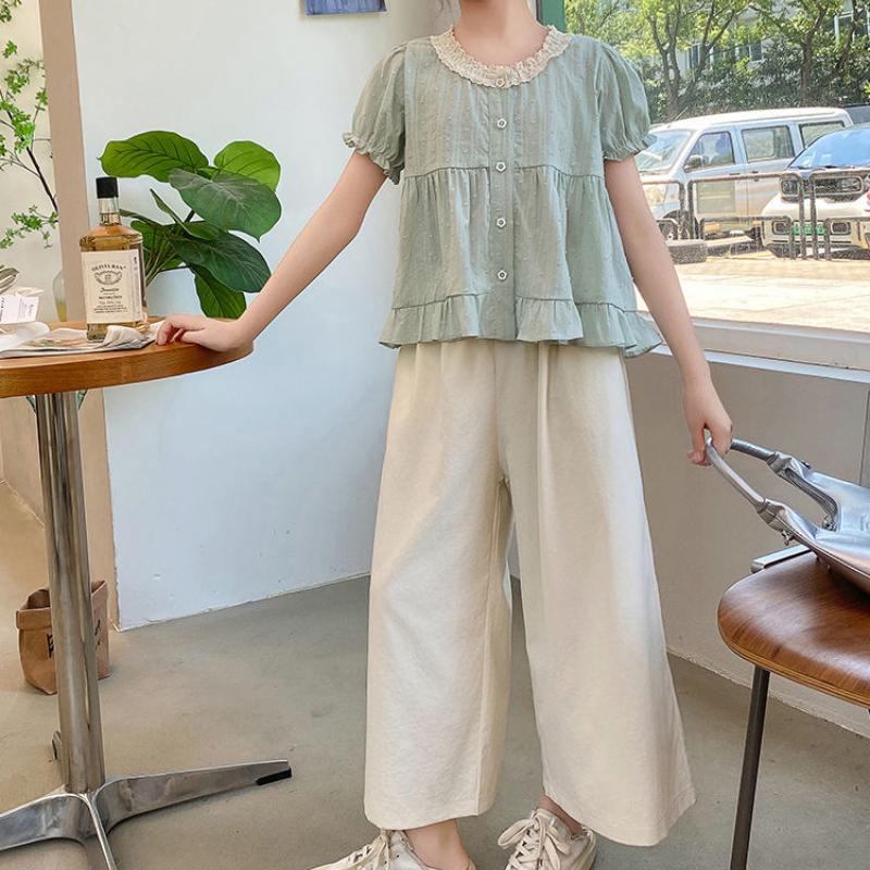 Big Girl Summer Casual Suit Korean Fashion Slim Fit Little Girl Short Sleeved Wide Leg Pants Two-piece Set
