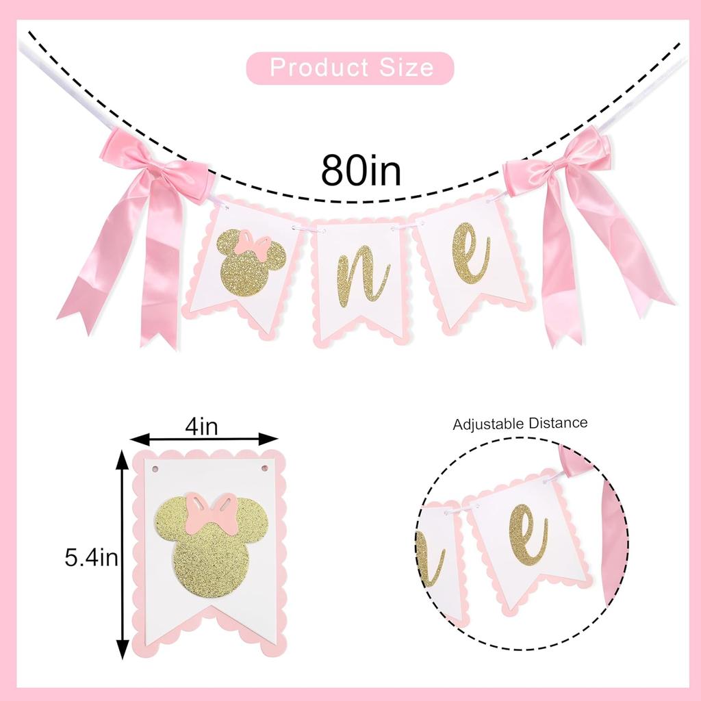 Mouse One High Chair Banner - Mouse First/1st Birthday Decorations,Pink And Gold Banner, Bow Girl 1st Pink Decor (mouse-1)