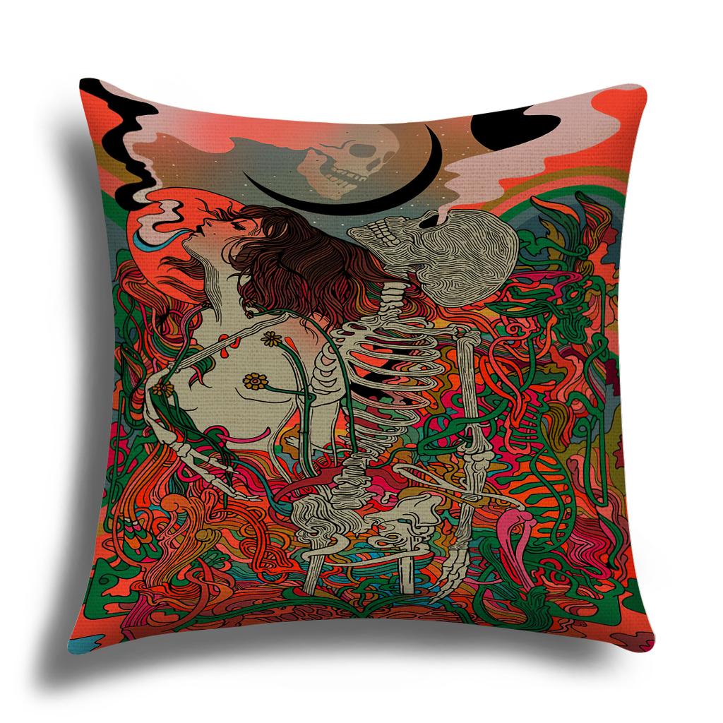 Classic Retro Girl Skull Illustration Cushion Cover Pillow Cover Sofa Cushion Cover Living Room Bedroom Soft Home Decoration