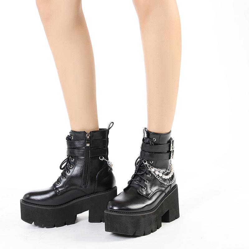 

Pearl Martin Boots Metal Chain High Heel Thick Bottom Side Zipper Women s Boots Knight Boots 43 чорний