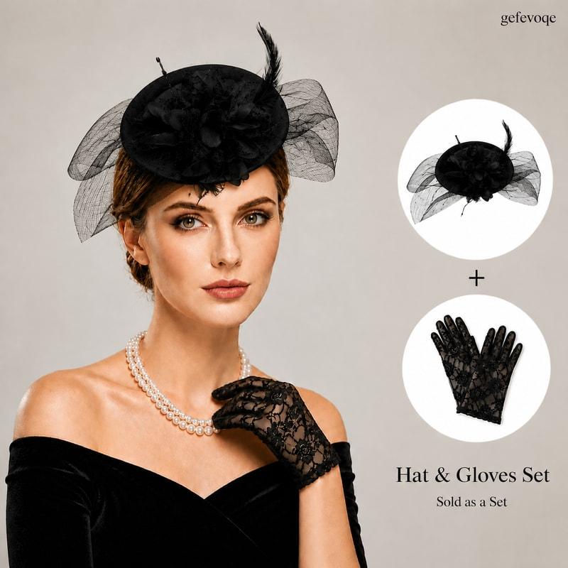 

2PCS Womens Fascinator Hat with Lace Gloves Set Elegant Feather Veil Headpiece for Tea Party Derby Wedding Cocktail Party Vintage Hair Accessory One Size чорний