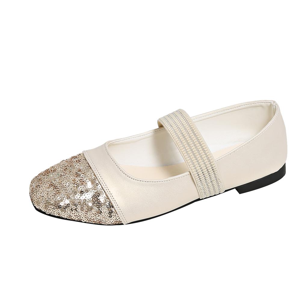 Fashion Spring New Flat Shoes Women's Square Head Shallow Mouth One Word Buckle Glitter Soft Sole Anti-slip Wear-resistant Single Shoes