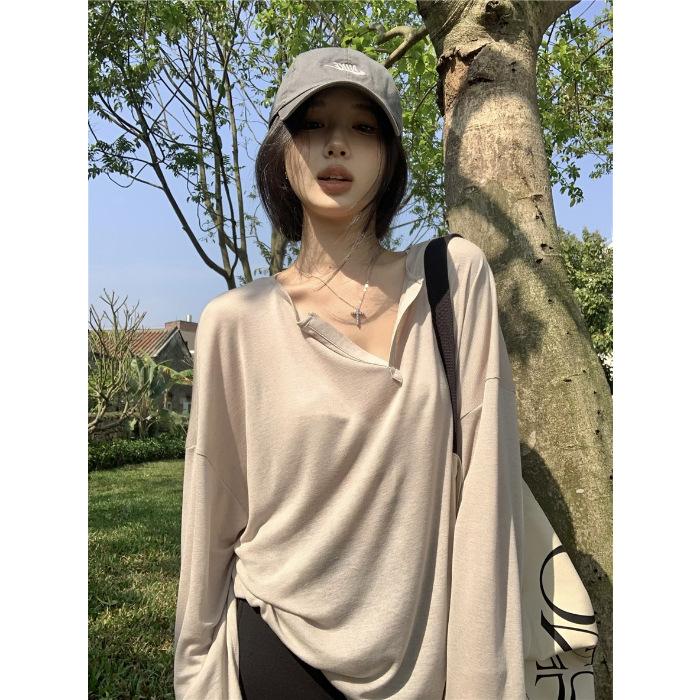 

MR [Sunshine Fleece, Original Fabric] Perspective Thin V-Neck Long Sleeve T-Shirt Women s Spring Loose Casual Sunscreen Cover XL хакі