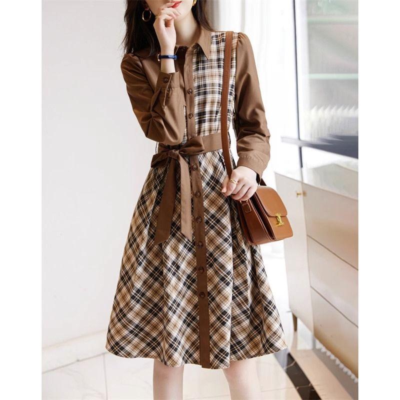 

Waist Trimming Shirt Dress Women s Spring & Fall New Arrival Elegant Fancy Slimming Long Sleeves Goddess Temperament Blouse Collar Skirt Coffee S