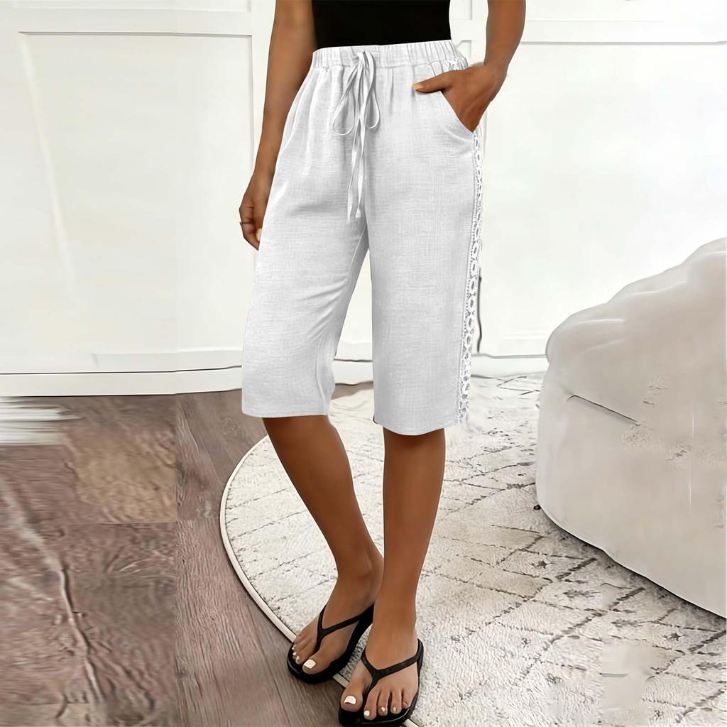 Women's Fashion Color Loose Pocket Elastic Waist Cotton Linen Casual Five Pants