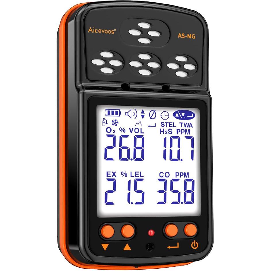Gas Detector 4 Gas Monitor for H2S, O2, CO and EX Portable Visual Gas Monitor with Sound Light Vibration LCD Display, Rechargeable Multi Gas Detector