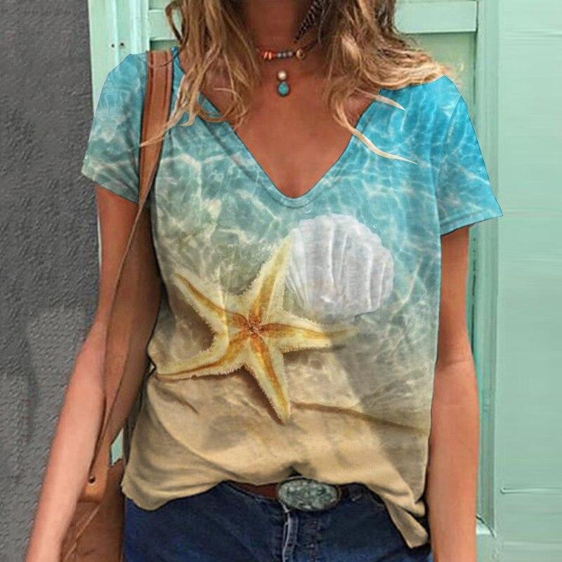 2023 Summer Beach Print Women T Shirt Tops Short Sleeve V-Neck Casual Tshirts Loose Streetwear Tees Women Clothing Blusas 25699