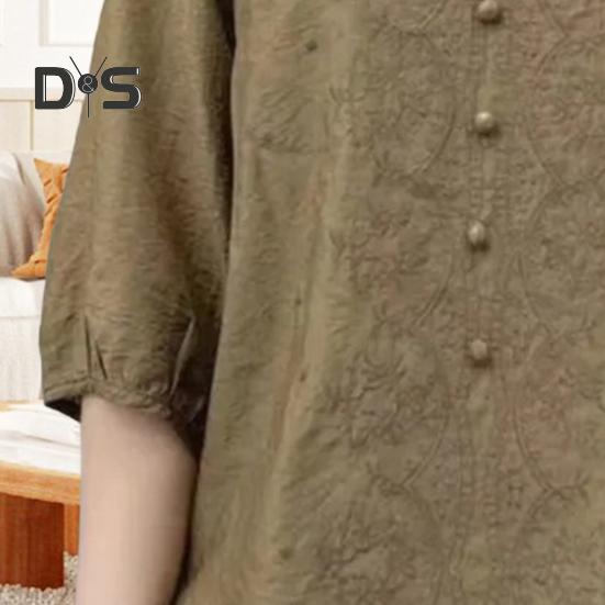 Koszula damska z dekoltem w serek, półrękawem, haftem, kwiatowym wzorem, luźny krój, jednolity kolor, bluzka codzienna