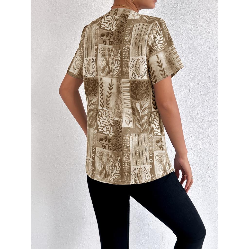 Summer Spring Women's Printed Short Sleeve Cardigan T-shirt, Fashion Casual Tops for Women, European American Style Crossbody Outwear