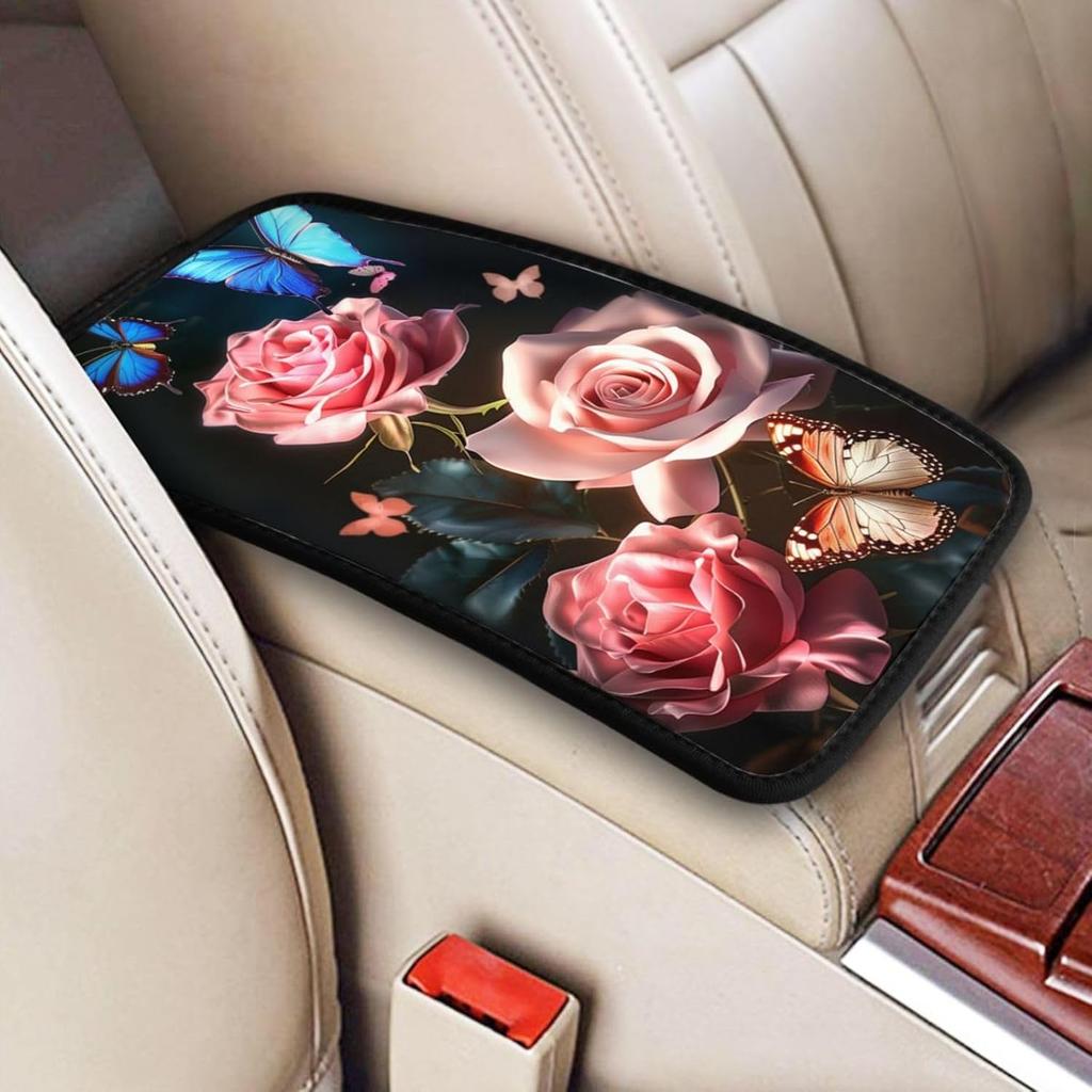 Universal Car Center Console Cushion Pad, Purple Butterfly Soft Waterproof Car Center Console Cover Auto Armrest Seat Box Cover Protector for Most