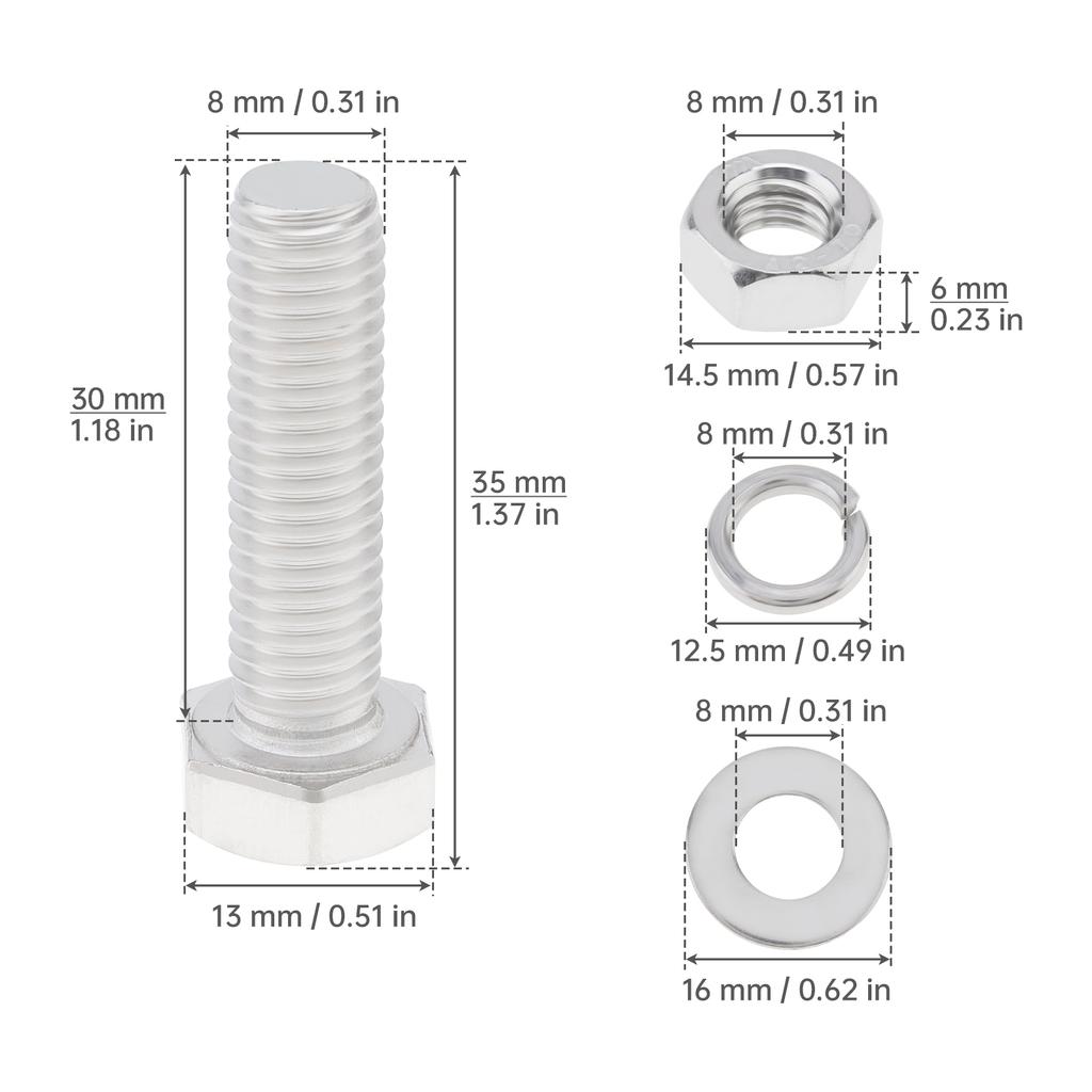 10 Pcs 304 Stainless Steel M8 x 30mm Hex Bolt Set, Fully Threaded Hex Screws with Flat Washer, Spring Washer and Matching Nuts
