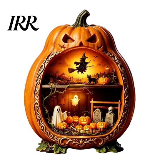Halloween Cobweb Decorations Centerpiece Pumpkin, Wooden Pumpkin Ornament with Miniature Scenes, Rustic Ornaments Skeleton for Farmhouse Home