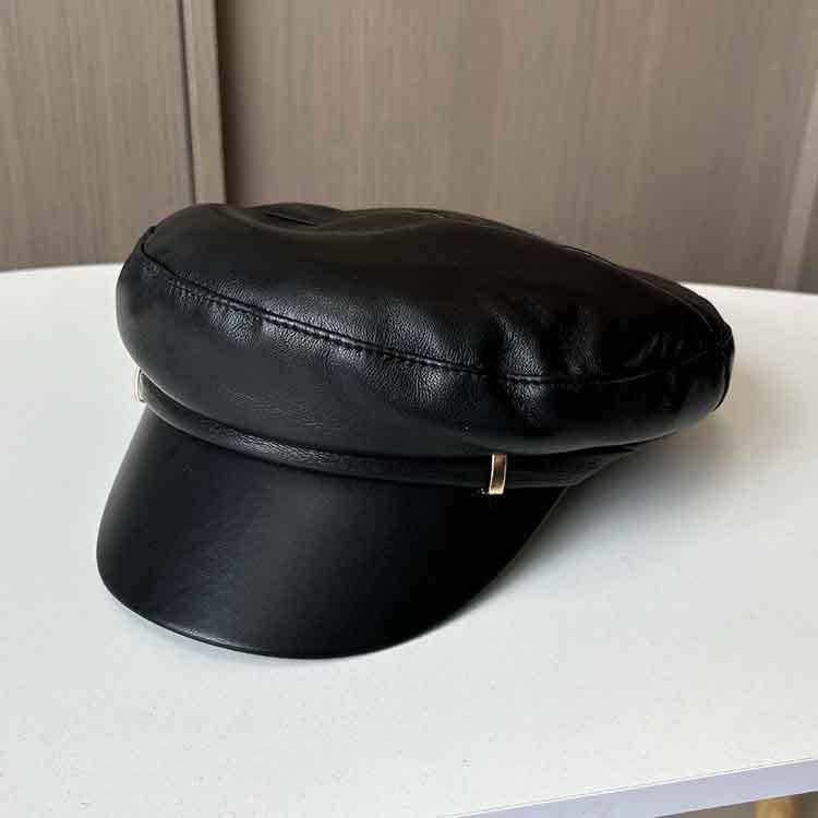 New Retro Pu Leather Octagonal Hat Women's Spring and Autumn Temperament Versatile Flat Top Face Little Painter Hat Newsboy Hat