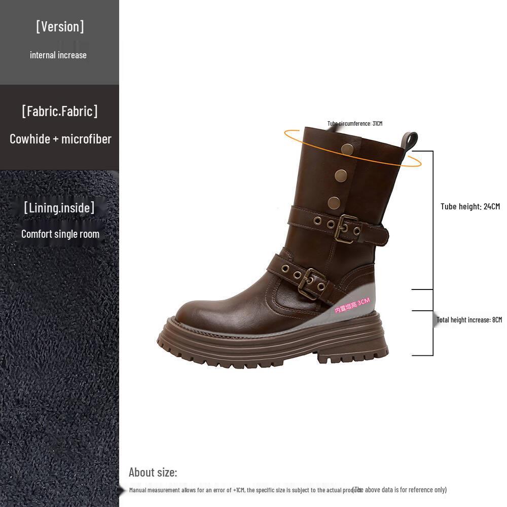 Genuine Leather Fold-over Melaude Martin Women's Height-increasing Mid-calf Boots 2025