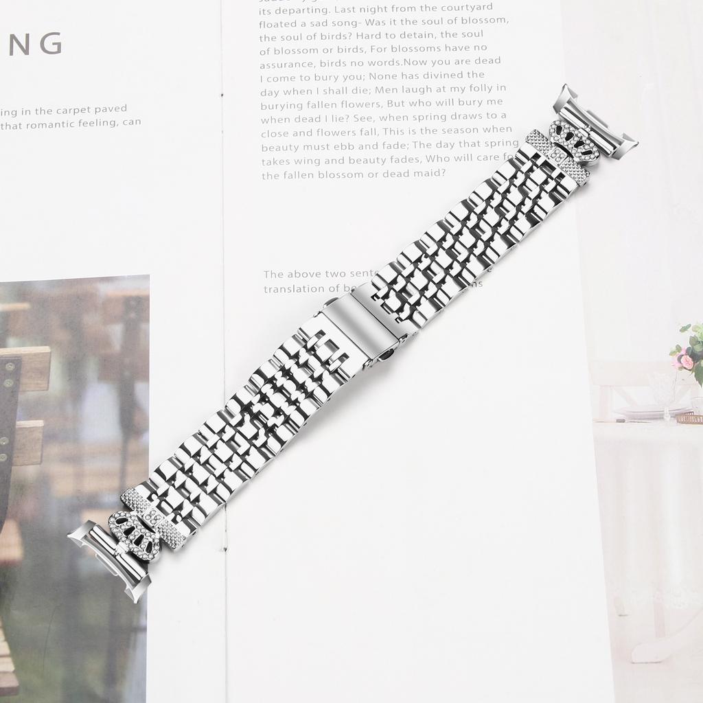 Silver Watch Band with Connector for Samsung Galaxy Watch Ultra (2025) 47mm 7-Bead Rhinestone Crown Metal Strap