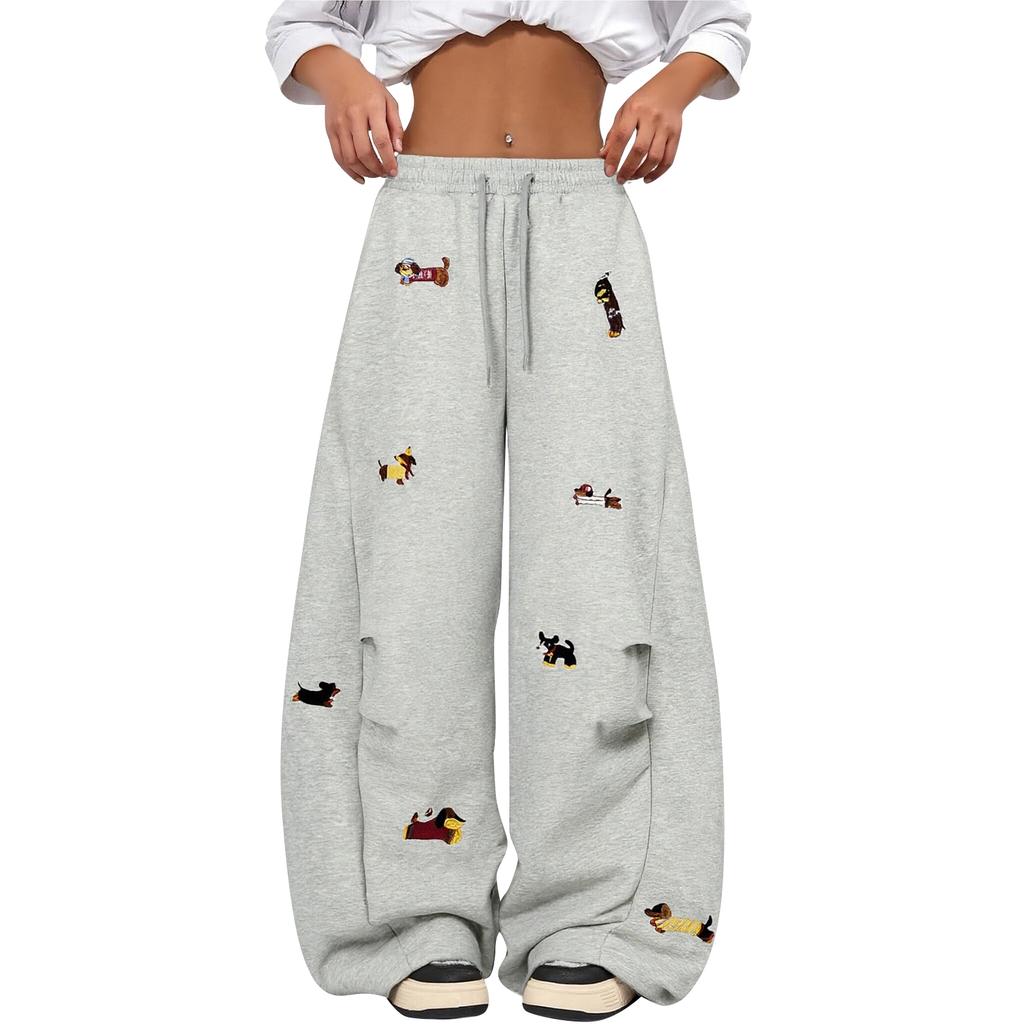 Embroidery Puppy Baggy Barrel Sweatpants Casual Elastic Drawstring Unisex Wide Leg Pants Trouser