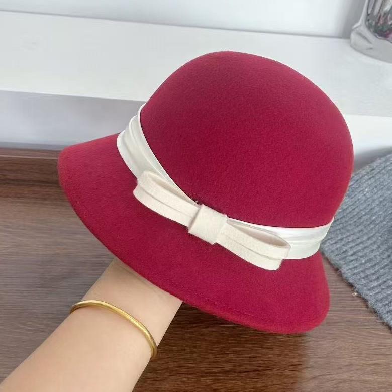 Hepburn Celebrity Style Wool Woolen Small Brim Basin Hat Women's Autumn and Winter Top Hat Simple and Elegant Bow Bucket Hat