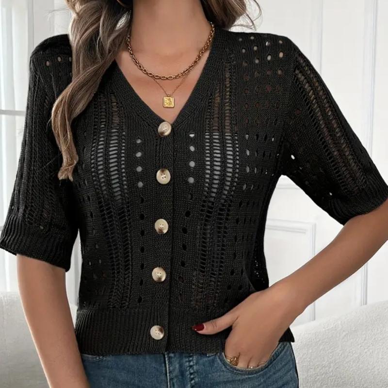 Knitted Women's Hollow-out Cardigan for Summer Women's Hollow-out Short Sleeve Cardigan Coat Short Sleeve Button Down Knit Jacket Hollow-out Design