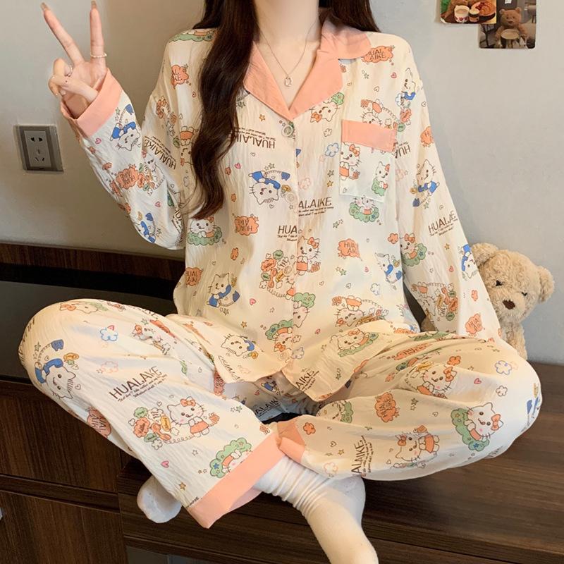 Cartoon Cat Pajamas Women'S Autumn Cloud Cotton Long-Sleeved Cardigan Cute Girl Can Wear Loungewear Suit