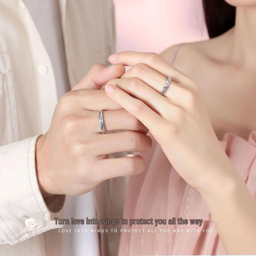 Tichia Angel Wings S925 Sterling Silver Couple Rings: Versatile Open Design for Men & Women