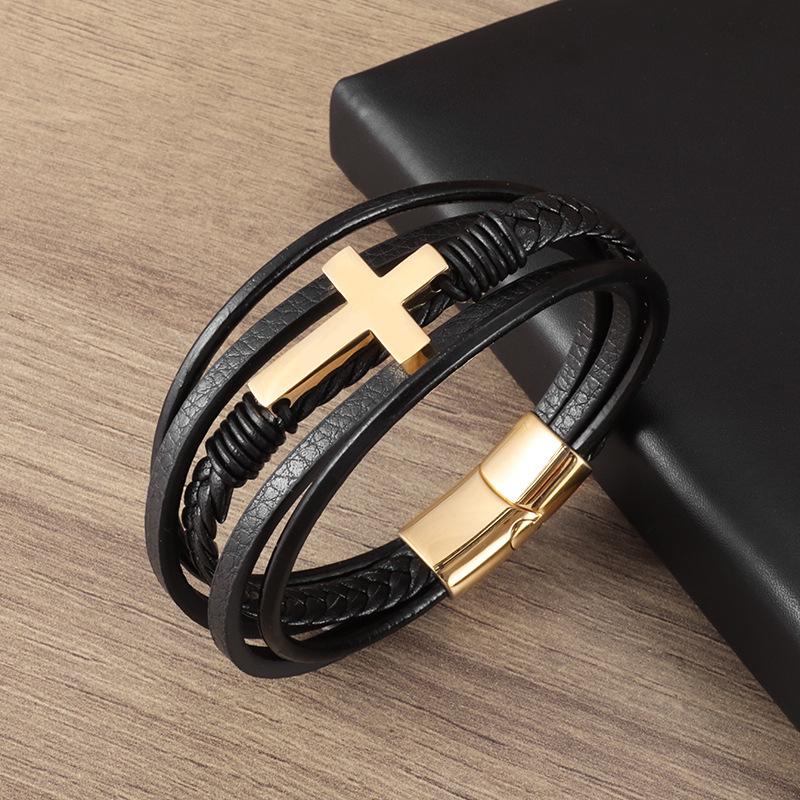Temu Leather Cross-Style Multi-Layer Woven Bracelet with Alloy Laser Design