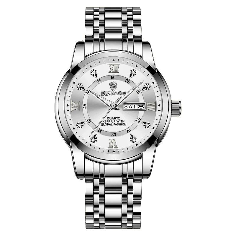 BINBOND Luxury Men Quartz Watch Waterproof Date Week Luminous Wristwatch Stainless Steel Men's Watches Male Clock Sports Reloj