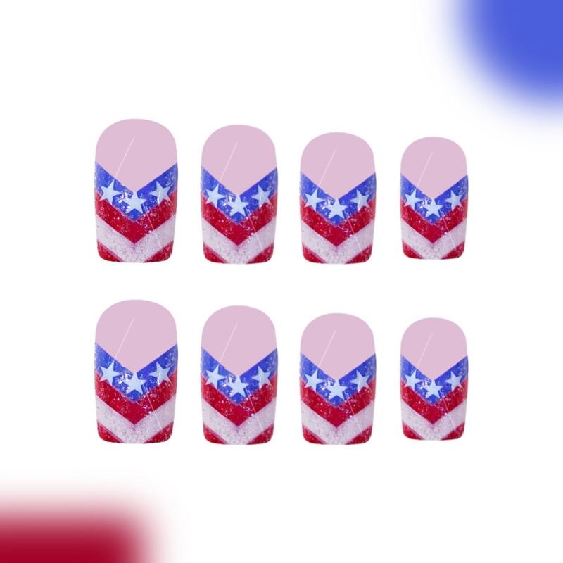 Independence Day Press on Nail French Tips Fake Nail 4th of July Patriotic False Nail Full Cover Design Acrylic Nail
